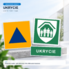 Komplet Ukrycie: znak obrony cywilnej, E021 i tabliczka UKRYCIE
