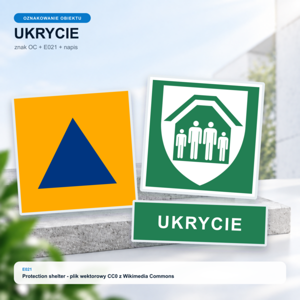 Komplet Ukrycie: znak obrony cywilnej, E021 i tabliczka UKRYCIE
