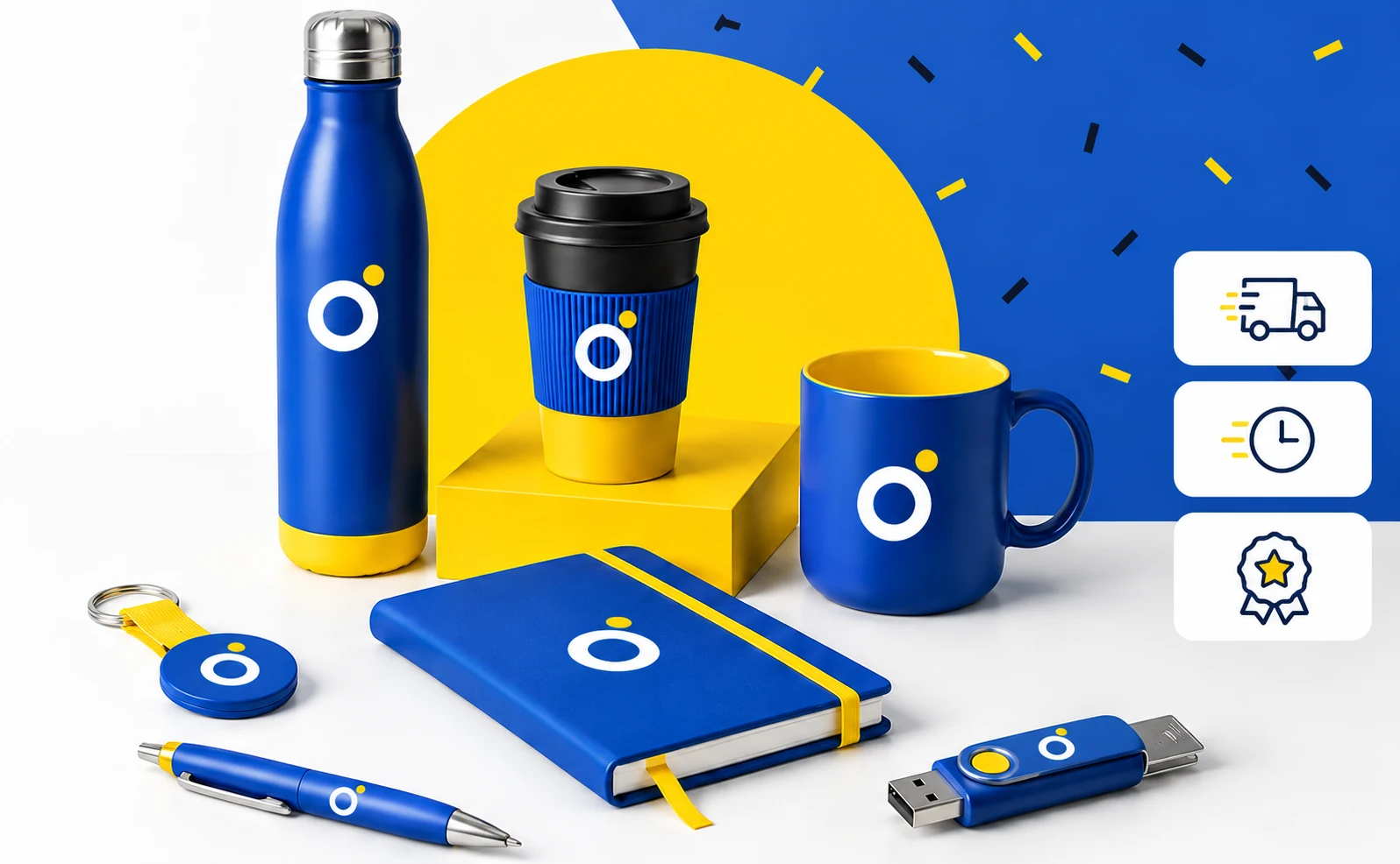 Zestaw produktów reklamowych z nadrukiem logo: butelka termiczna, kubek termiczny, kubek ceramiczny, notes, brelok, długopis i pendrive